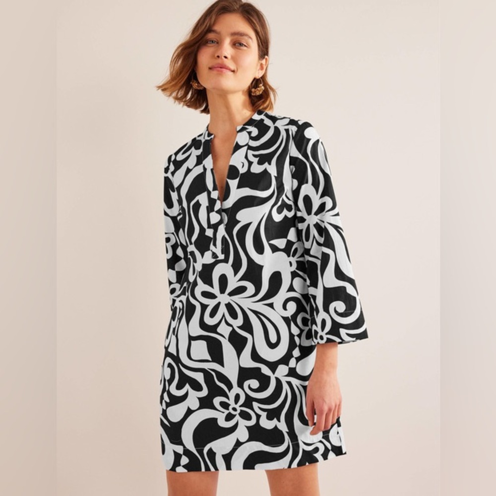 Boden Black White Printed Notch Neck Mini Shift Dress Size 6
